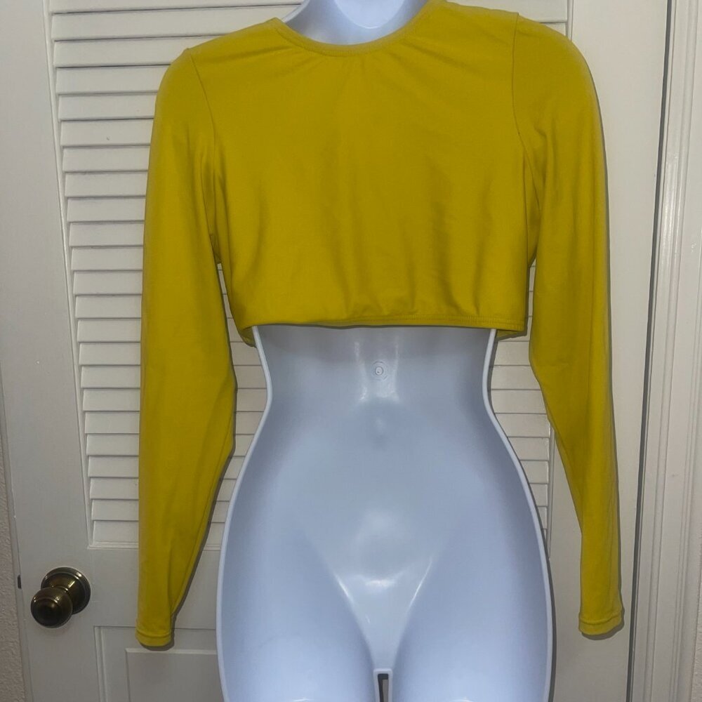 Mustard Yellow Ring Front Swim Top Crop Top Long Sleeve 14 - Picture 3 of 9